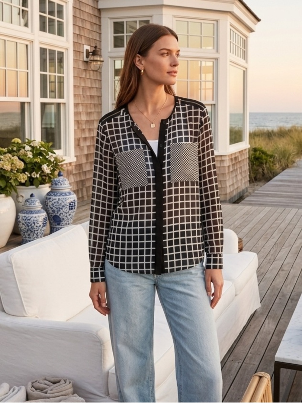 Michael Kors Black & White Windowpane Button-Front Blouse XL Hamptons top classy